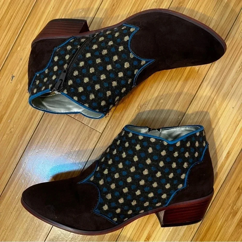 RUBY SHOO Juliette Artsy Boho Suede Wool Cowgirl Polka Dot Booties